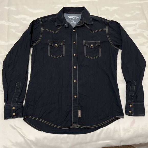 Wrangler Retro Premium Denim Shirt Men M Modern Fit Long Sleeve Pearl Snap Black - Picture 1 of 10